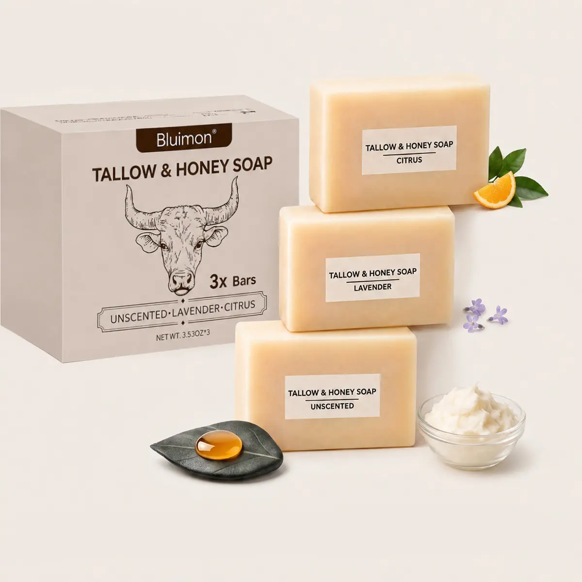 3 Bars Natural Tallow & Honey Soap, Hydrating Gentle Cleansing Soap, 3 Scents Citrus Lavender Unscented for Full-Body Daily Skincare
