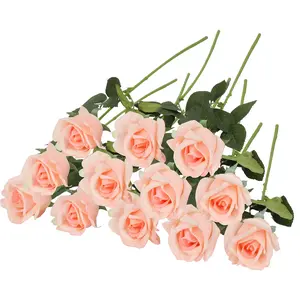 Roses Real-Touch Artificial Flowers Latex Full Blossom Faux Heads Dozen 22” Tall Stems Fake Bouquet Luxury Home Décor Indoor Living Room Bedroom Love Gift, 12 PCS Bundle
