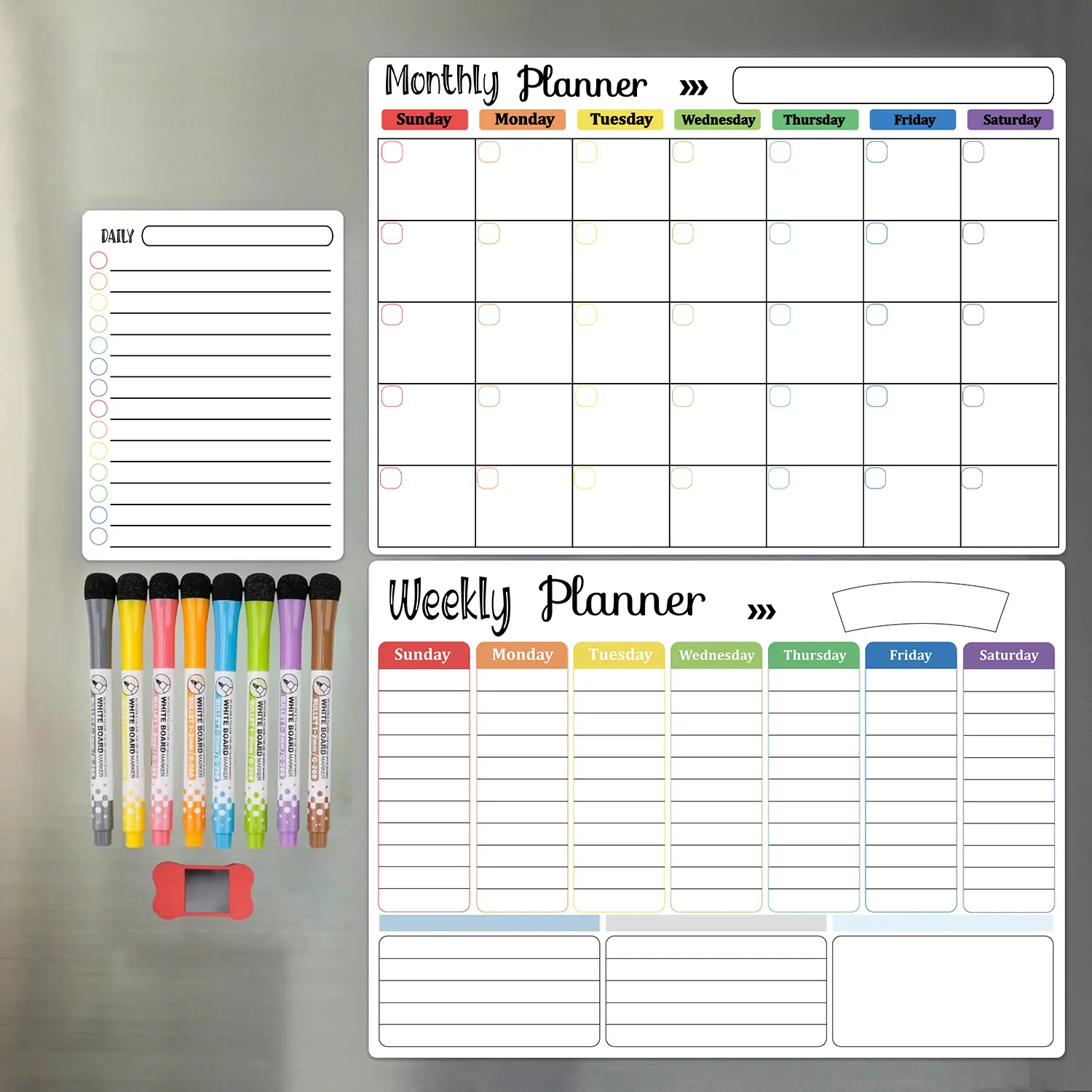 QIUCHAN Magnetic Dry Erase Calendar Whiteboard Set - 1 Set with Monthly, Weekly, Daily Planners, 8 Markers, Eraser - Magnetic Hold, Refrigerator Fit, Erased Cleanly, Easily Track Your Month - Office Stationery for Home Office
