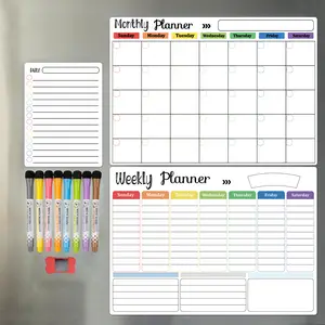 QIUCHAN Magnetic Dry Erase Calendar Whiteboard, 1 Set Including Monthly, Weekly, and Daily Planning Calendar & 8 Markers & Eraser, Magnetic Erasable Chalkboard Set for Home Office, Study Supplies, Home Decor