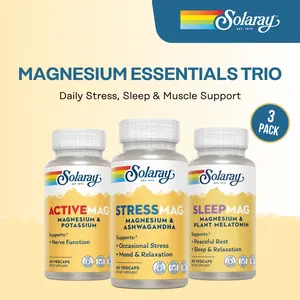 Solaray Magnesium Essentials Trio - ActiveMag + StressMag + SleepMag Daily Magnesium Support Bundle Gut Health Vitamins Fitness Healthcare Edible