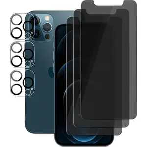 (3+3) For iPhone 12 Pro (6.1") (3 Pack) Anti Spy Private Tempered Glass Film Privacy Screen Protector and (3 Pack) Camera Lens Protector [Not Affect Flash], 9H Hardness, Anti Scratch