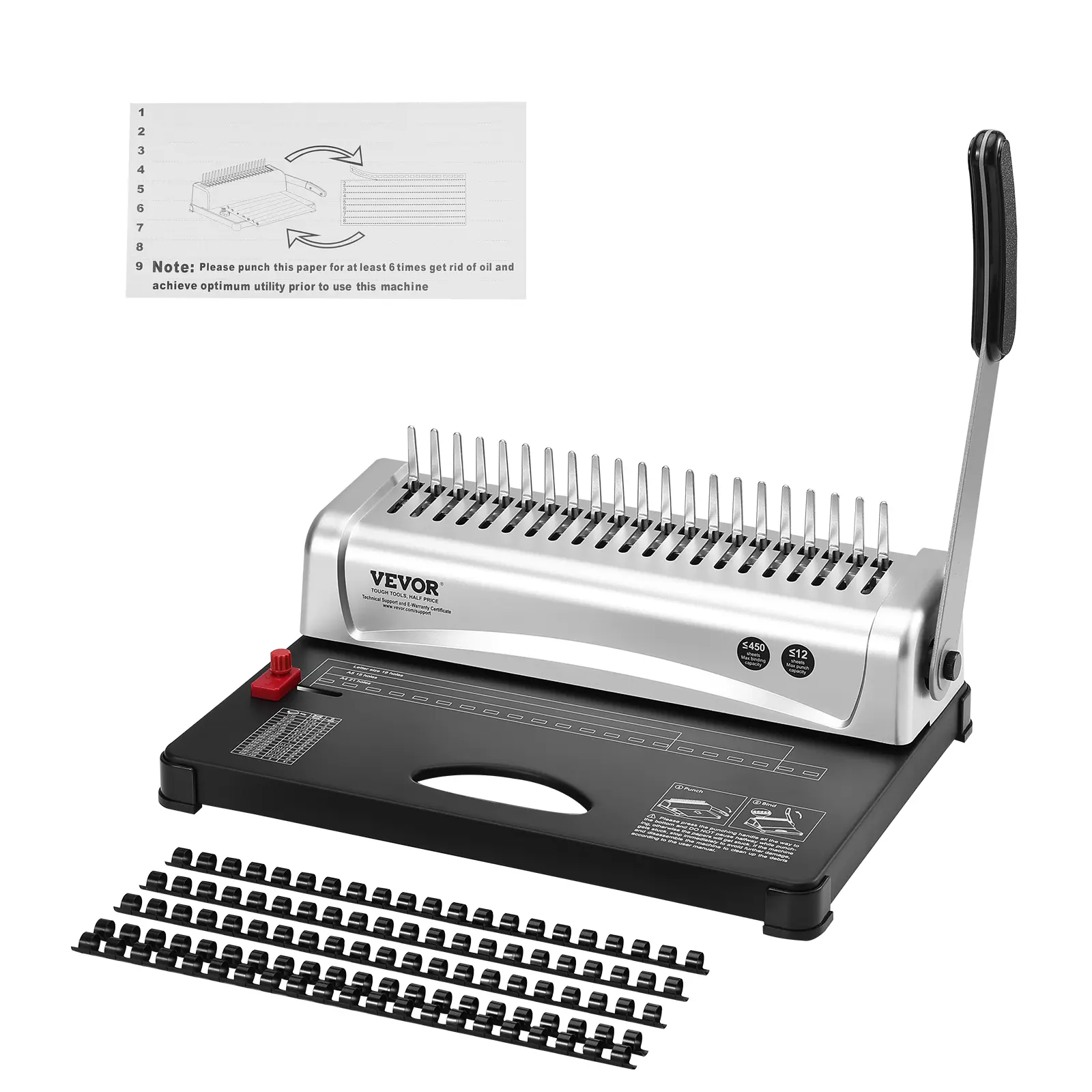 【Summerfinds】VEVOR Binding Machine Comb Binding Machine 21-Holes Binding 450 SheetsBook Binder Machine with 100 PCS 3/8'' Comb Binding Spinesfor Letter SizeA4A5