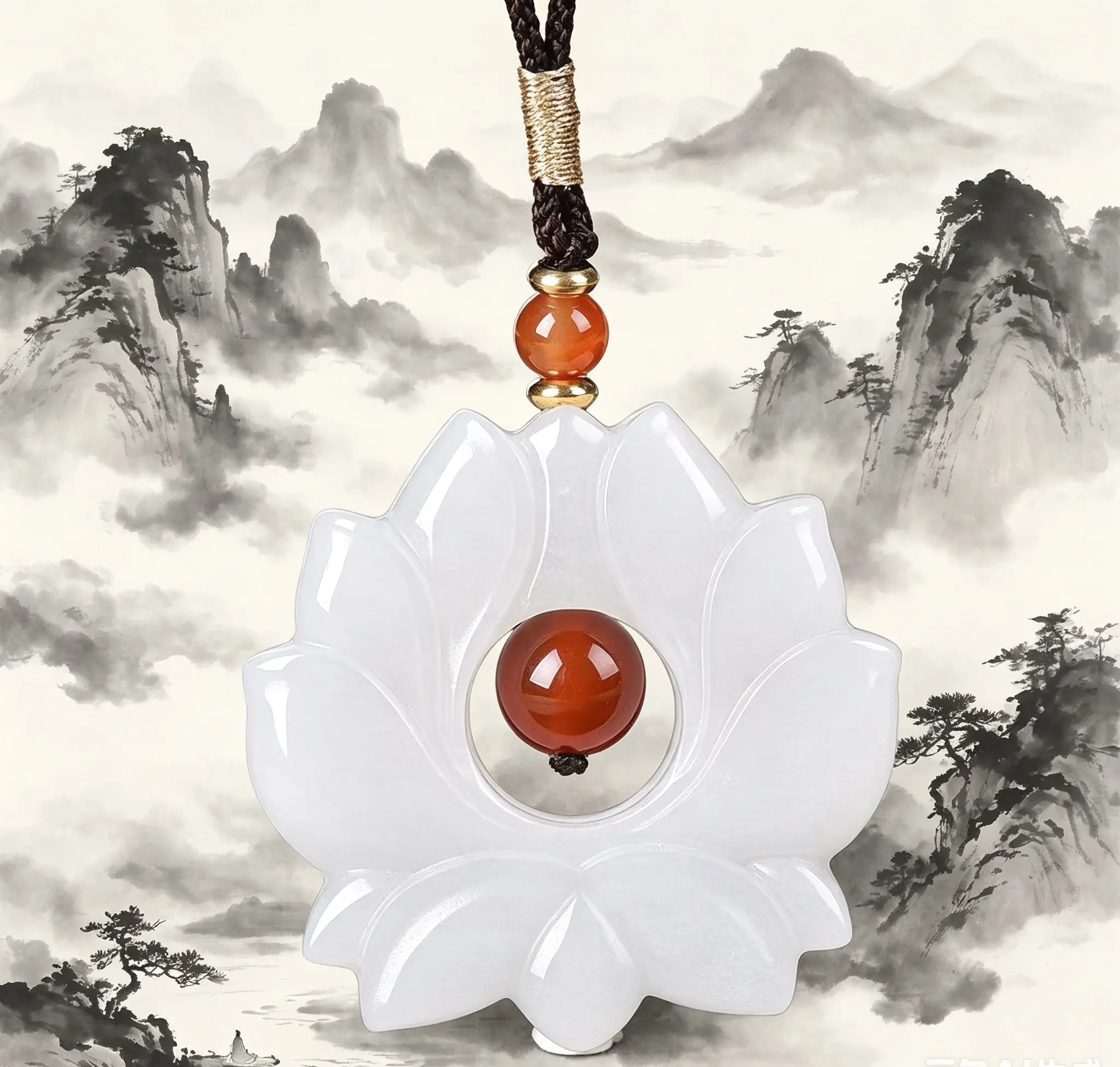 Natural Stone Milky White Jade Lotus Pendant Necklace with Red Agate - for Calming Energy, Inner Balance
