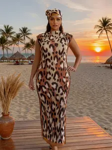 Elegant Ruffled Slim Fit Long Dress Set, Animal Print Shawl Scarf, Beach Sun Protection Silk Scarf for Women, Fall & Winter Fashion, Lady