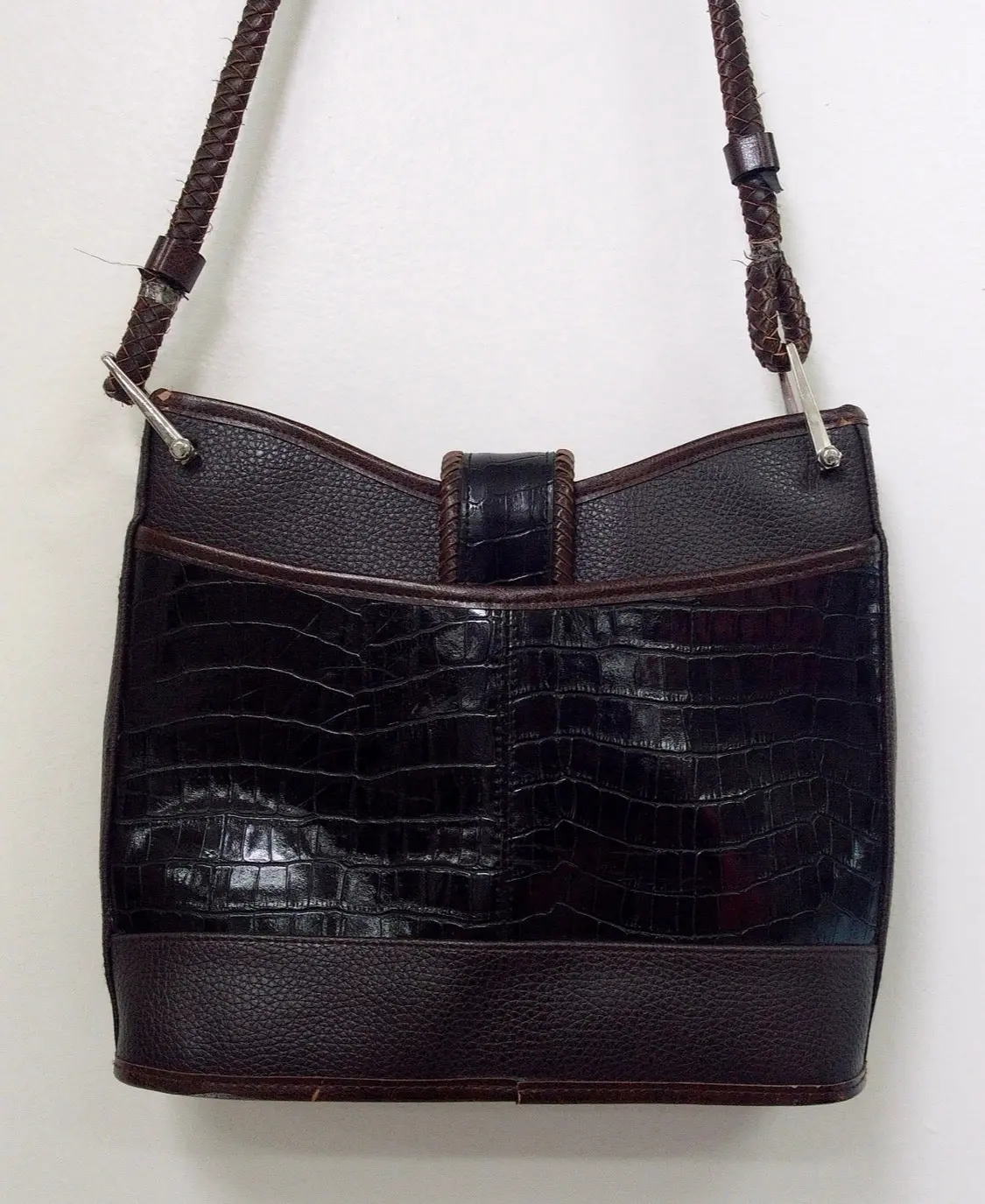 Pre Owned Brighton Black Croc Embossed Leather Crossbody | Silver Heart Hardware | Braided Strap | 90s (Y2K Vintage)