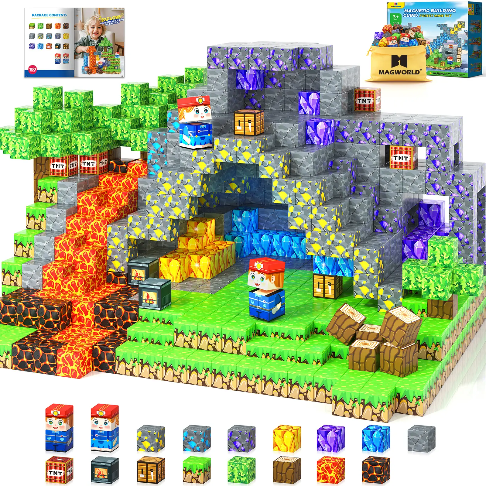 Magnetic Building Blocks-100PCS with Drawstring Bag STEM Montessori Children Sensory Toys Build Mine Magnet World Gift Set