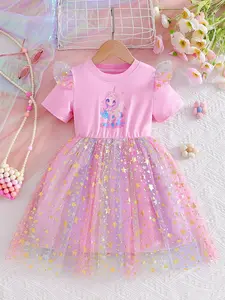 Girls' Fashion Unicorn Print Mesh Dress, Cute Casual Comfortable Skirt, Suitable for Ages 3-10, Star Pattern Top, Princess Seraphina Dress