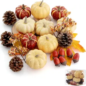 Pumpkin Decor Set, 23 PCS Fall Harvest Decorations Including Mini Pumpkins, Acorns, Pinecones, Berries, Maple Leaves for Home Table Wedding DIY Fall Halloween Thanksgiving Decor