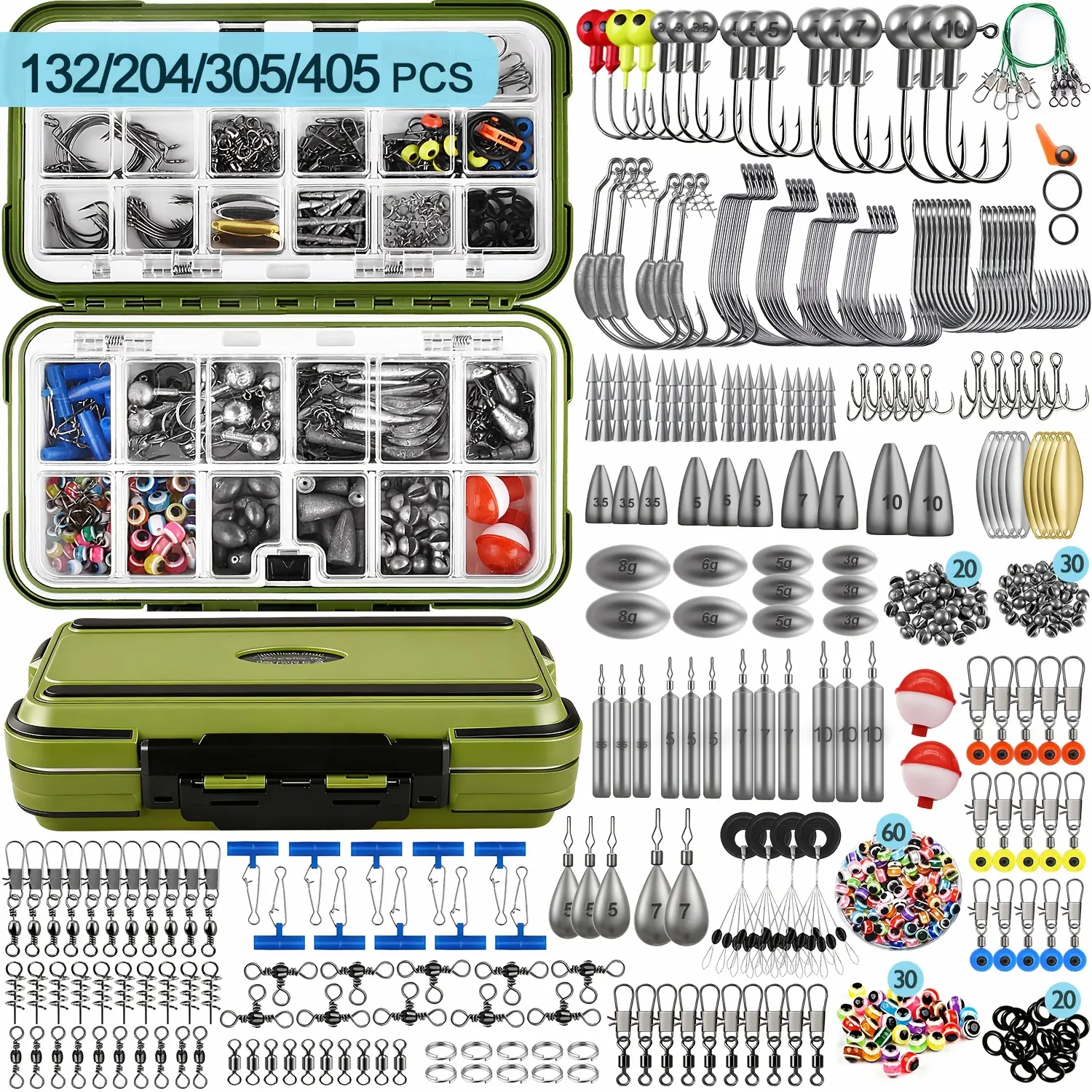 132/204/305/405pcs Fishing Gear Additions Kit, Fishing Tackle Box with Tackle Included, Fishing Hooks, Fishing Weights Sinkers, Spinner Blade, Fishing Equipment for Bass Trout Bluegill Crappie