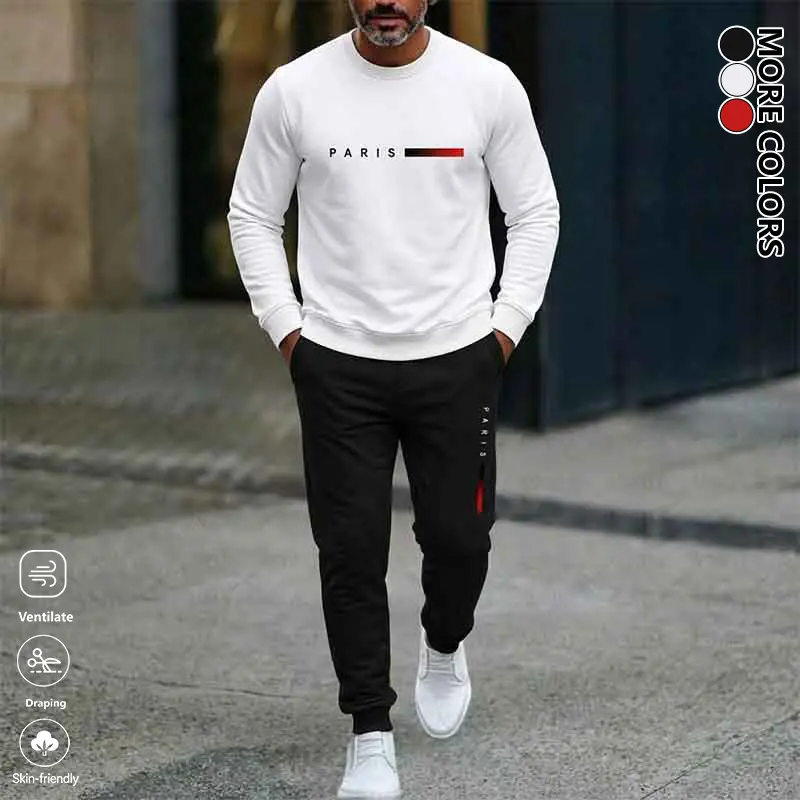 Life keeps moving — men’s casual wide-fit trendy sports set made from skin-friendly, breathable, soft, comfortable fabric. Men’s long-sleeve T-shirt and pants set for spring/autumn (2-piece). Long-sleeve crewneck T-shirt with letter print + outdoor casual