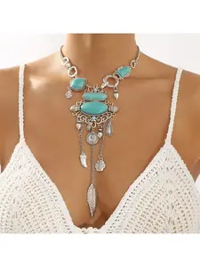 New European and American ethnic style exaggerated pattern turquoise alloy necklace with vintage design Y-shaped necklace Statement Necklace Trendy Jewelry