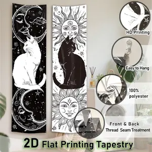 Black and White Cat Vertical Banner Tapestry Sun and Moon Long Narrow Tapestry Decorative Tapestry Wall Hanging, Home Decor Supplies, Decoration, Ideal Gifts for Home Decor Enthusiasts Polyester Washable Wall Decor for Bedroom 59*15.7inch