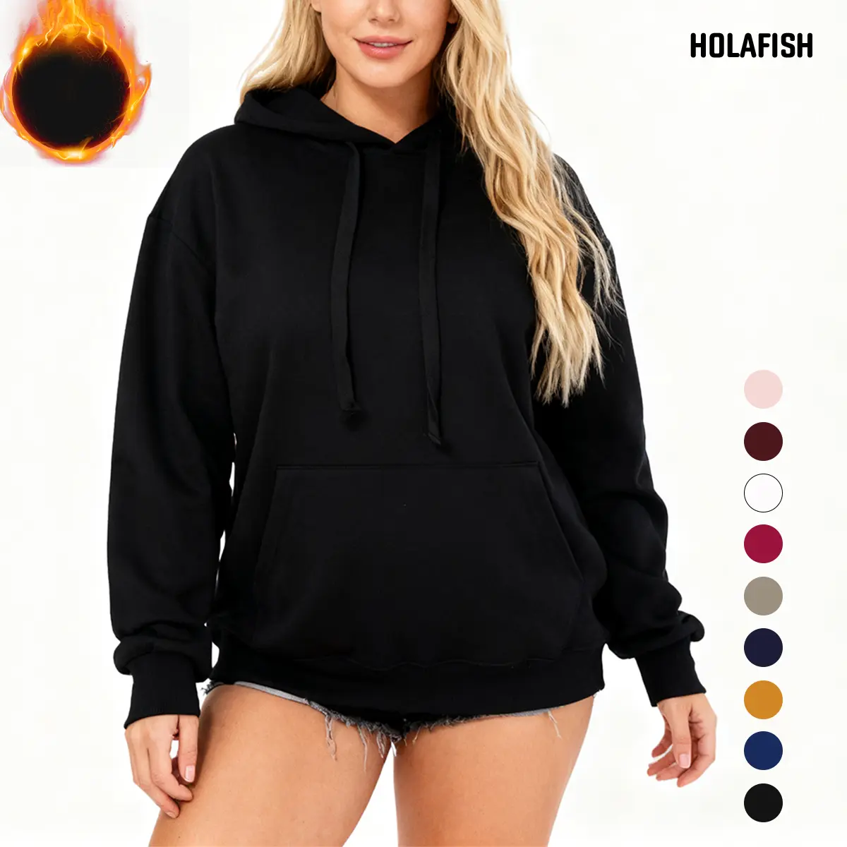 Holafish Unisex Hoodies Womens Sweatshirts Cute Long Sleeve Tops Loose Fleece Pullover Shirts with Pocket Casual Korean Minimalist Style Winter Medium Length Cozy Fabric summervibes