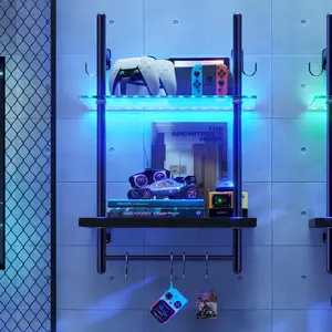 Bestier LED Gaming Floating Wall Shelf – 2-Tier Glass Display Rack with RGB Lights, Towel Bar & 6 Hooks, Carbon Fiber Black