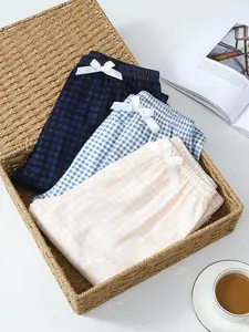 Women's 3 Pack Long Sleep Pants, Spring & Summer Wearable, Plaid Print with Bow Decor, Daily Versatile Style, Basic Casual Home Loungewear