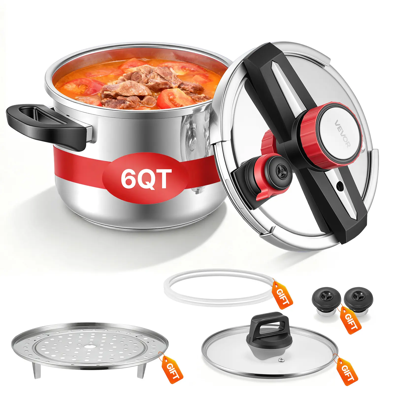 【Summerfinds】VEVOR Pressure Cooker, Pressure Cooker Stainless Steel, Pressures Canner with Steaming Rack, Tempered Glass Lid, Three Pressures Settings for Meat, Beans, Rice, Soup, Sauces, Cook up to 100 kPa