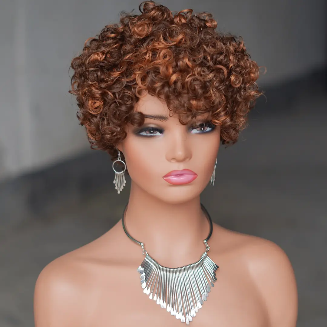 Lucile 4/30 Human Hair Wig Curly Pixie Cut Wig Short Bob Wig for Black Women 6 Inch Curly Wholesale 180% Density Pixie Cut Bob Wig