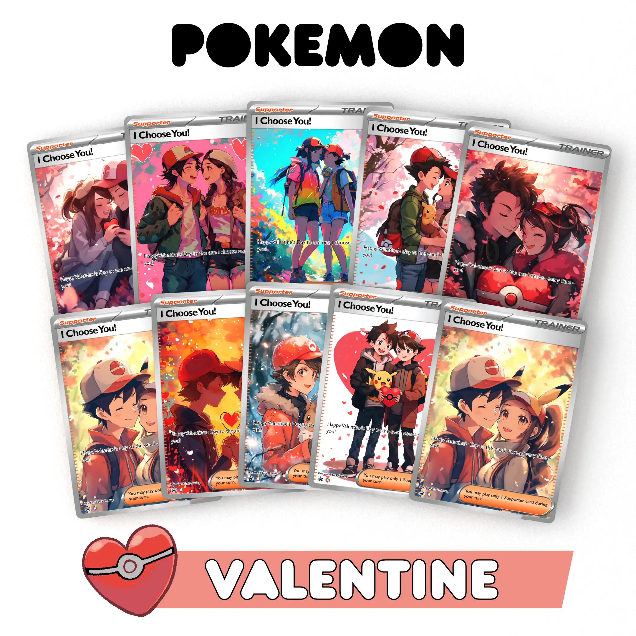 Pokemon Valentines Card - Choose from 17 Inclusive Styles - Custom Fan-Art Designs - Cute and Adorable Valentine Gift for Fans
