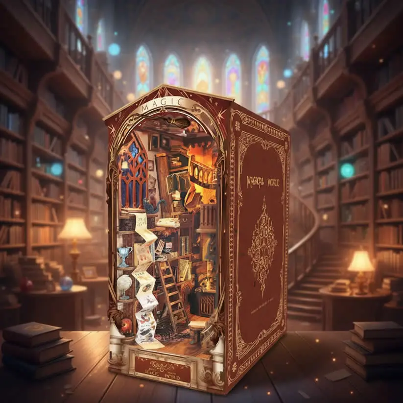 Magic World DIY Bookshelf Model Set, Handmade LED Bookshelf Three-dimensional Model Toy House Christmas Gift, Birthday Gift and Thanksgiving Gifts, insert booknook bookend , collectible room decor