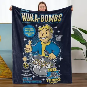 Comfortable Flannel Blanket, Game Radiation Theme Oatmeal Breakfast Pattern, Blue Digital Print, Perfect for Living Room and Camping