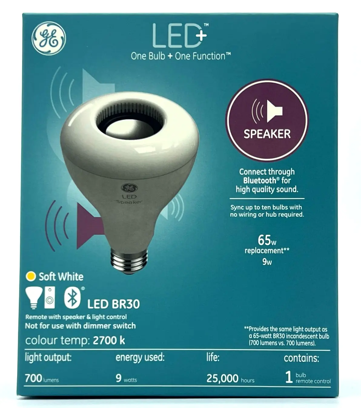 GE Lighting LED+ Speaker Indoor Floodlight Bulb - Soft White - Bluetooth Speaker - Remote Included - BR30 (1 Pack)