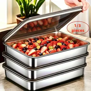 Large Stainless Steel Baking Tray with Lid, Heat Resistant and Easy to Clean, Ideal for Home and Commercial Use, Kitchenware for Vegetables and Meat