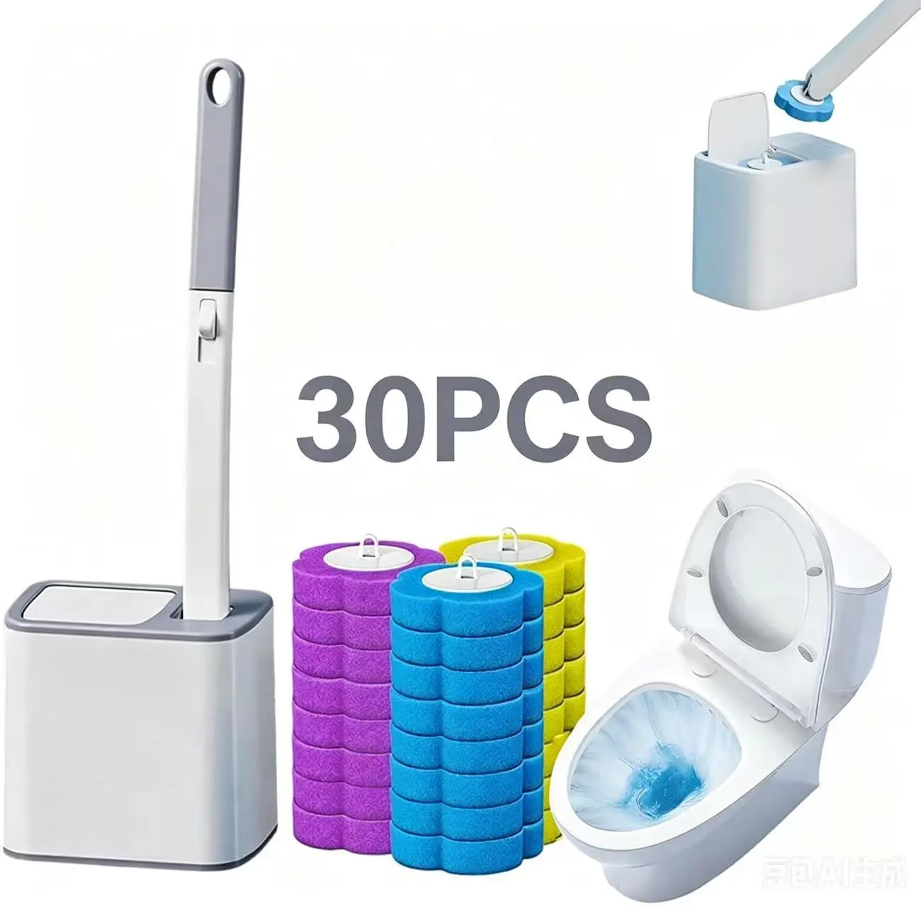 Disposable Toilet Brush, Toilet Bowl Wand Holder Set with 30PCS Cleaner Refills, Bathroom Cleaning System for Sink Bathtub Drain Wash Basin Urinal，Wall-Mount Scrubbing Toilet Brush Bathroom Cleaning Kit
