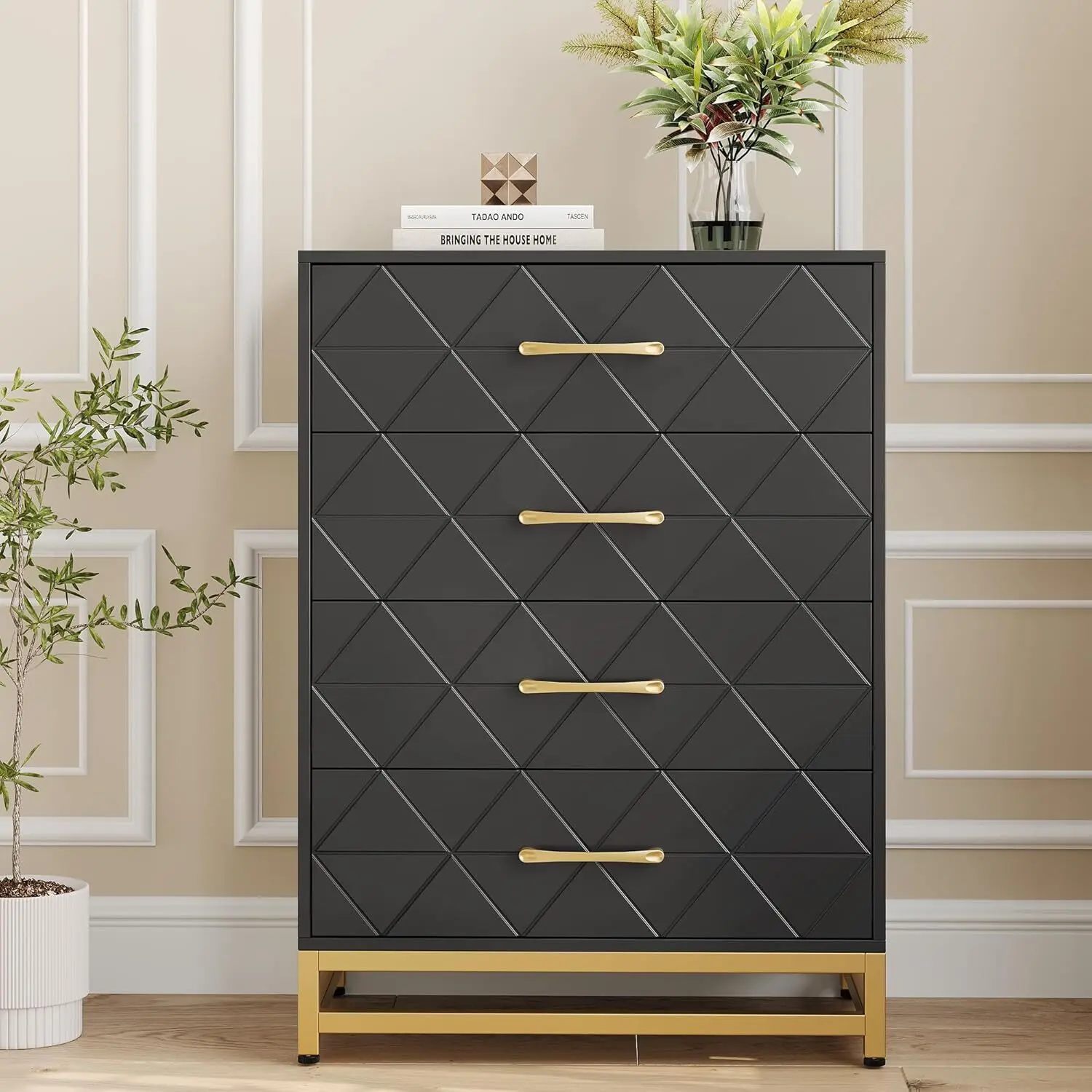 Wooden Dresser for Bedroom, Dressers & Chest of Drawers with 4 Drawer, Wood nightstand for Storage and Organization (Black)