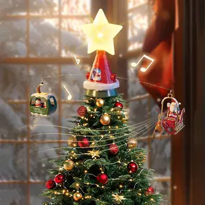 Christmas Decoration Santa Claus Sled Reindeer with Music Light Electric Toys Rotating Flying Car Christmas Tree Top Star, Electric Toy with Music and Light, Glowing Star Decoration for Holiday Season