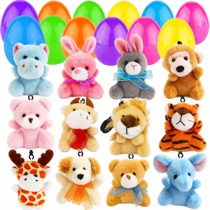 12 Packs Filled Easter Eggs with Mini Plush Animal Toys, Cute Stuffed Animals Keychains Filled Surprise Plastic Eggs for Kids Easter Basket Stuffers Hunt, Party Favors Supplies