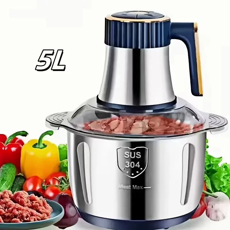 5L 5-Speed Adjustable Fast Meat Grinder - Multifunctional Home Kitchen Tool, Power Appliance with Vegetable Chopper, Garlic Mincer, Baby Food Maker, Juice & Noodle Maker for Onions, Salads