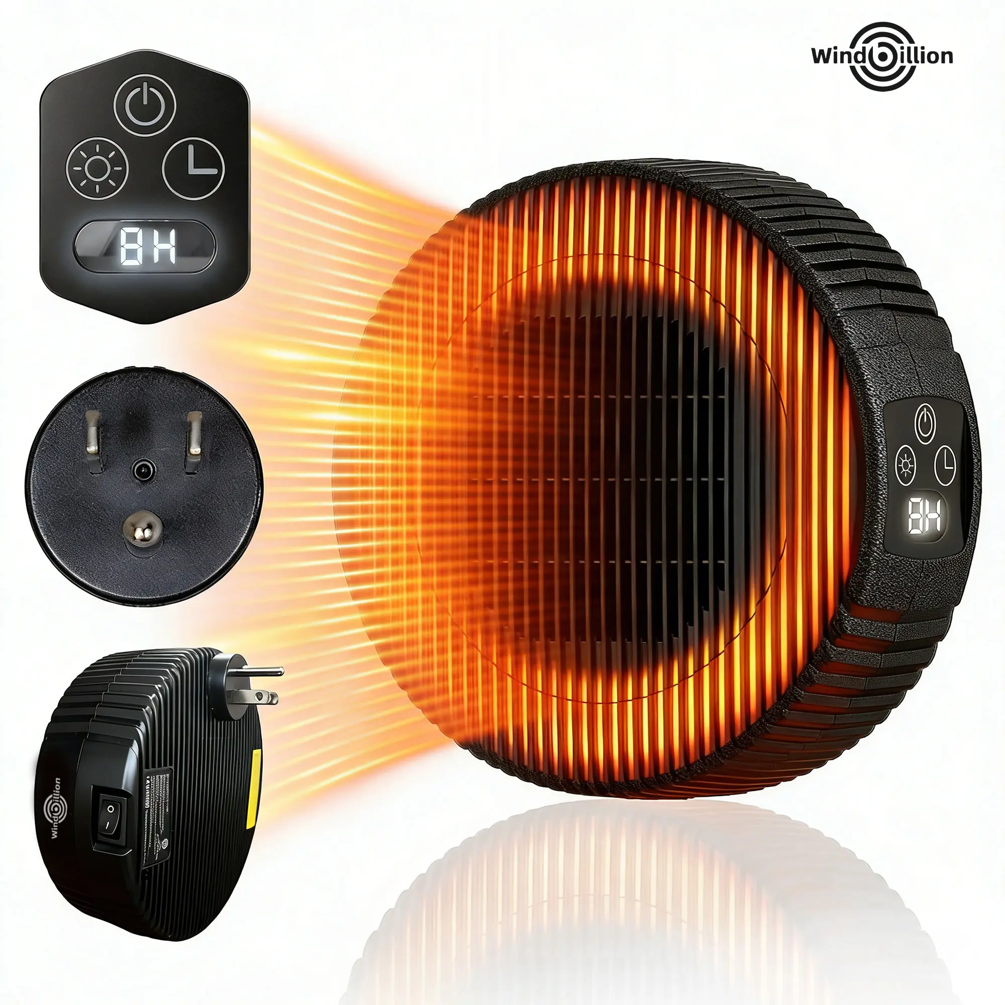 WindBillion HT04 Ceramic Space Heater, Portable Wall Plug Electric Heater with 1-8H Timer, Compact Heater for Bedroom, Office and Home