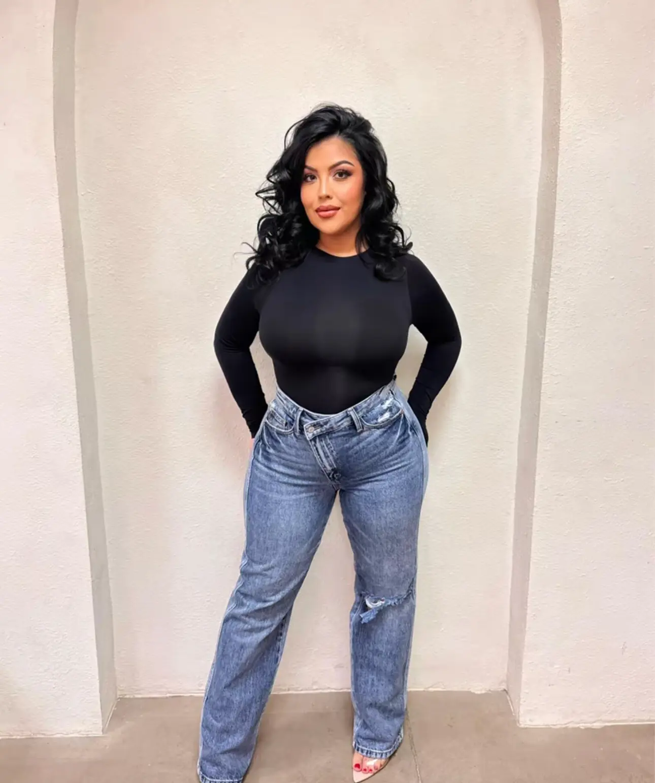 JODIE JUDY BLUE HIGH WAIST KNEE FLAP CRISS CROSS JEAN
