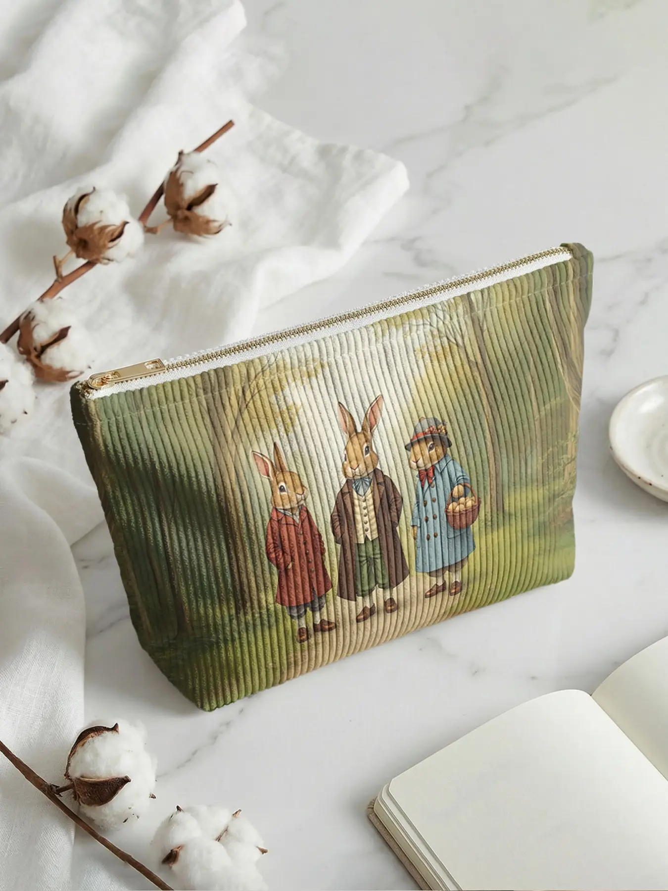 A cartoon style Easter themed printed corduroy makeup bag, Cosmetic bag, cute, lightweight and multifunctional casual makeup bag, travel makeup bag, Makeup Organizer Pouch, suitable for leisure travel and various occasions