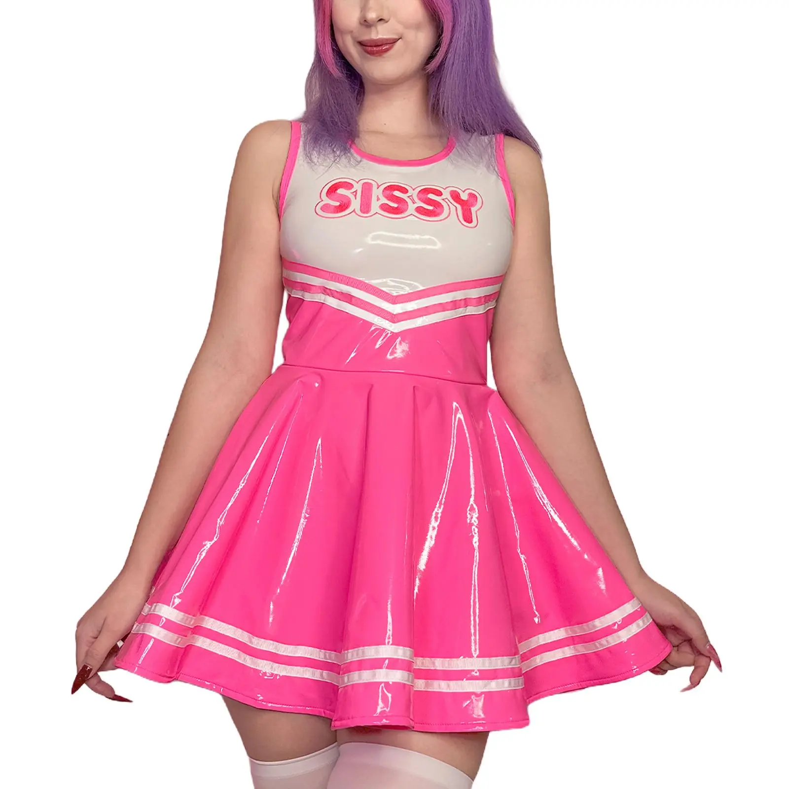 LittleForBig Women Metallic Rave Sleeveless Overall Cheer Sissy Faux Leather Shiny Bodycon Mini Dress Skirt