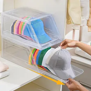 2 Pack Stackable Hat Organizer for Baseball Caps, Large Clear Hat Holder with Sliding Drawer, Hat Storage Box with Door, Baseball Cap Organizer