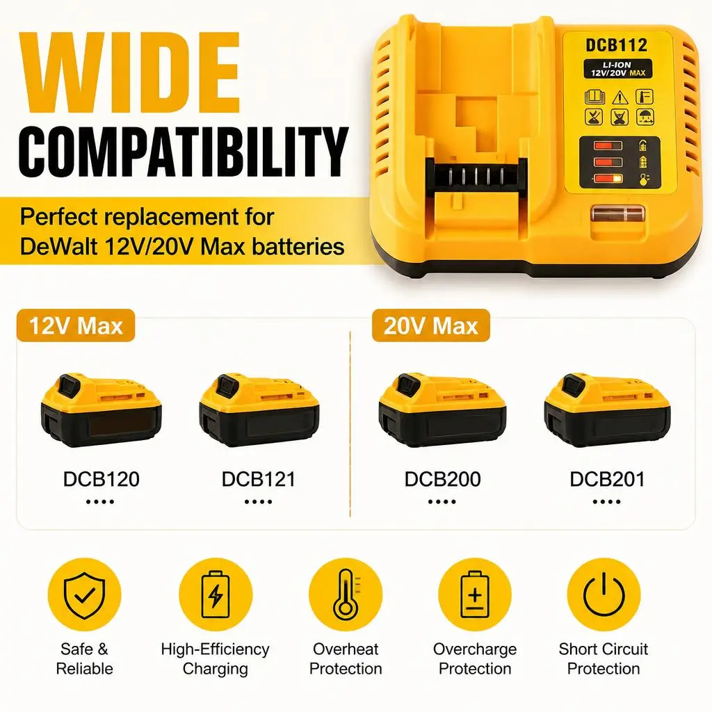 DCB112 20V Max Battery Charger Replacement for Dewalt | Compatible with Dewalt 12V/18V/20V Max Lithium-Ion Power Tool Charger DCB120& DCB200 Series