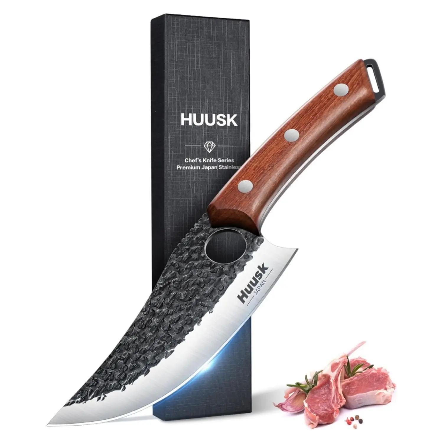 Huusk Knives, Japanese Butcher Knife for Meat Cutting, Hand Forged Boning Knife with Ergonomic Wood Handle, High Carbon Steel Japanese Chef Knife for Camping, Outdoor, BBQ, Birthday Gift for Men