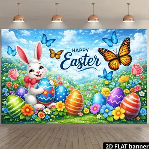 1PC Polyester Reusable 2D Flat Happy Easter Backdrop - Cute Bunny, Egg, Butterfly, Flower Decor Banner for Birthday, Festival Party Photography, Kids Activity Atmosphere Setting