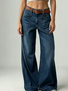 Women High Waist Dual Square Patch Pocket Floor Length Wide Leg Jeans, Dark Blue Whisker Wash Loose Full Length Denim Pants, Western Vintage Streetwear Womenswear Womenswear Trouser Bottom
