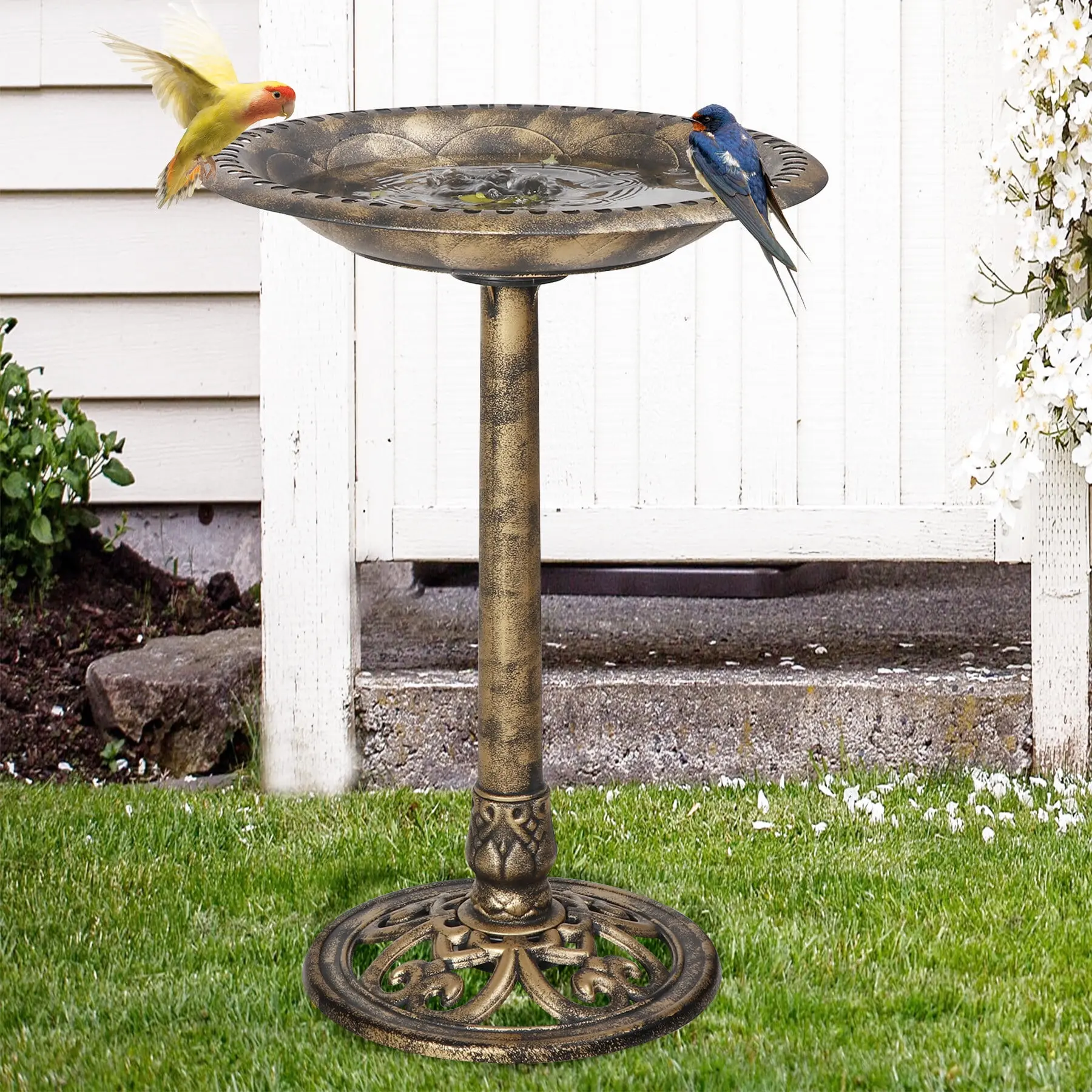 SuperDeal Pets Weather-Resistant Pedestal Bird Bath - 20" Diameter x 28.18" High, 14.5" Diameter Base, 0.8 gal (3.03 L), Lightweight, Vintage Antique Look, Rustic Vibe, Wipe-Clean, Outdoor Safe Bird Feeding Tool