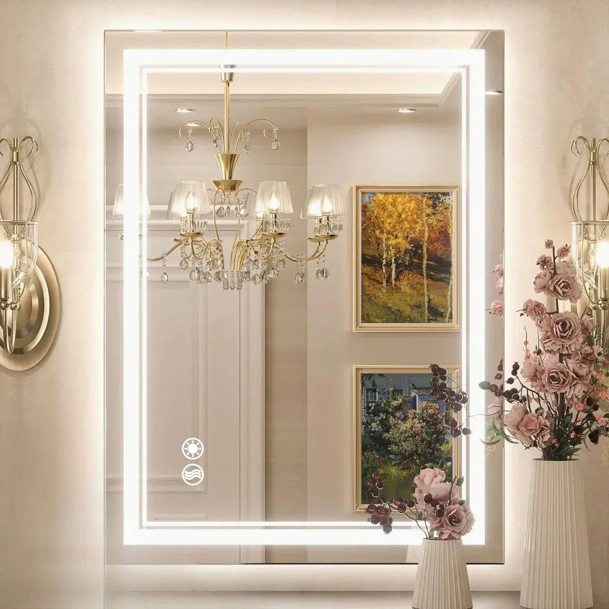 Modern Waterproof Bathroom LED Large Mirror - Anti-Fog, Dimmable, 4-Side Front & Backlit Lights, Smart Touch Screen, Wall-Mounted, Adjustable Home Decor Gadget