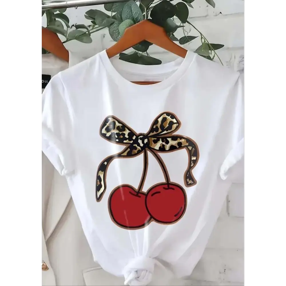 Oversized Graphic T-Shirt for Ladies, Casual  Short Sleeve with Leopard, Cherry & Bowknot Print