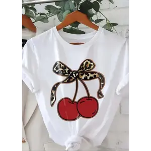 Women's Leopard Print Cherry & Bowknot Print Round Neck Tee, Casual Short Sleeve T-shirt for Summer, Ladies Clothes for Daily Wear, Top