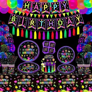 247 Pack Glow Neon Supplies Glow in The Dark Decorations BlackLight Tableware Set -, Black Light Banners, Fluorescent Balloons, Graffiti Tablecloth, Tassels, Serves 20