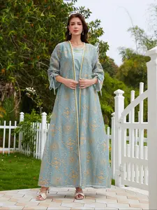 Women's   Floral Embroidery   Abaya & Sleeveless Dress, Floral Print Abaya, Elegant Long Sleeve Abaya &  Dress Set for Daily Wear, Ladies Islamic Clothing for All Seasons