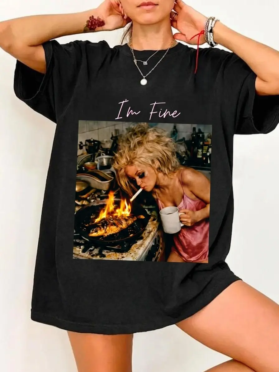 I’m Fine Funny T-shirt, Housewife Meme Doll Face Graphic Tee, Messy Wife Joke Shirt Gift For Her For Wife