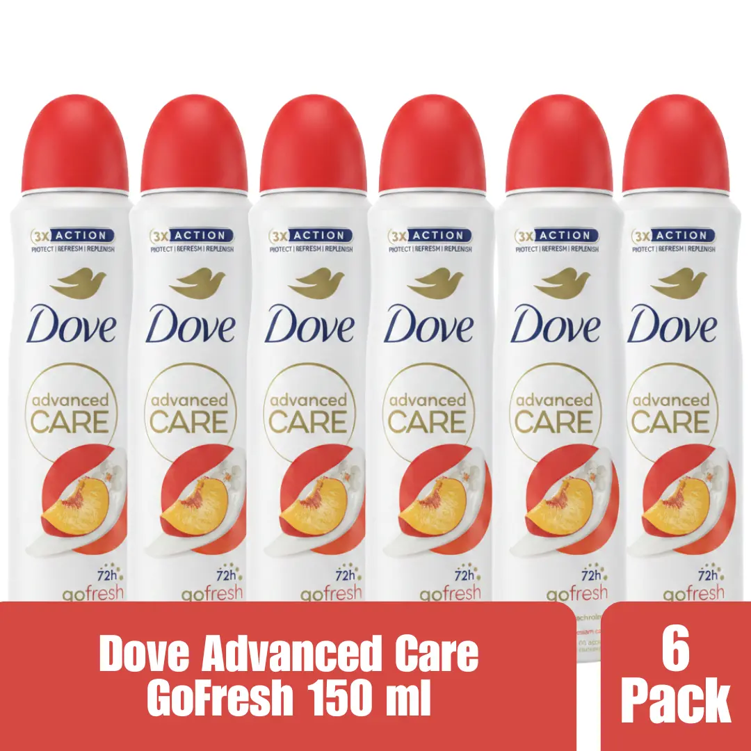 Dove Advanced Care Go Fresh Peach & White Blossom Antiperspirant Spray, 72H Protection, Pro-Ceramide Technology, 0% Alcohol, 150ml (Pack of 6)