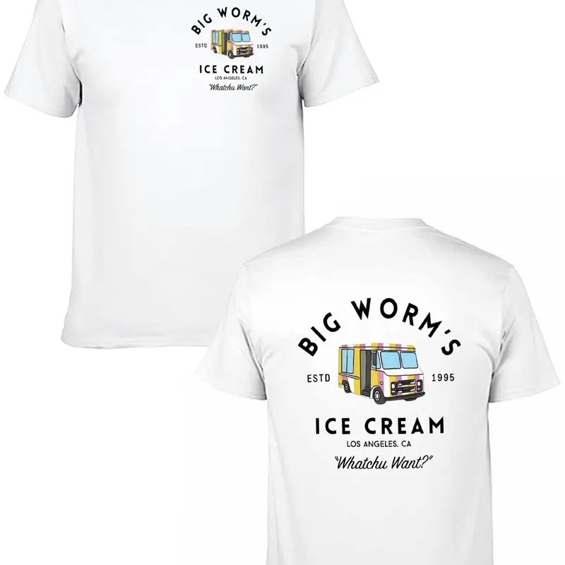 Big Worm's Ice Cream Unisex Cotton T-Shirt Retro Truck Graphic 'Whatchu Want?' Quote Fun LA Streetwear Crewneck Breathable Soft Comfy Fitted Menswear